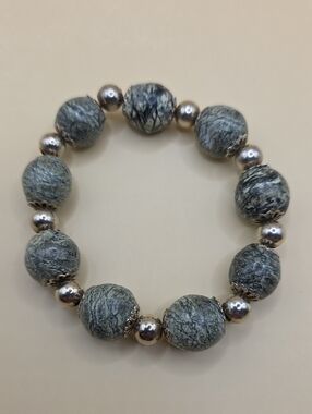 Green Jasper Beaded Stretch Bracelet with Silver Accents